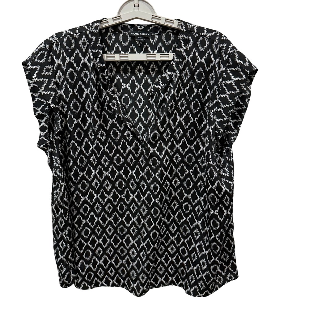Hilary Radley Womens Black White Geometric Split V-Neck‎ Cap Sleeve Blouse XL